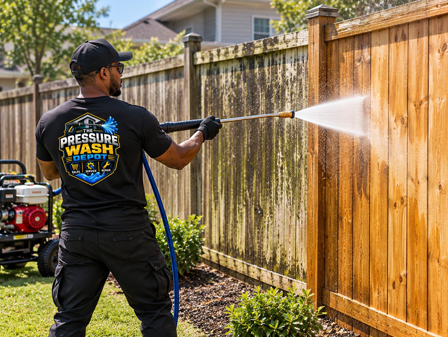 Pressure washing a wood fence