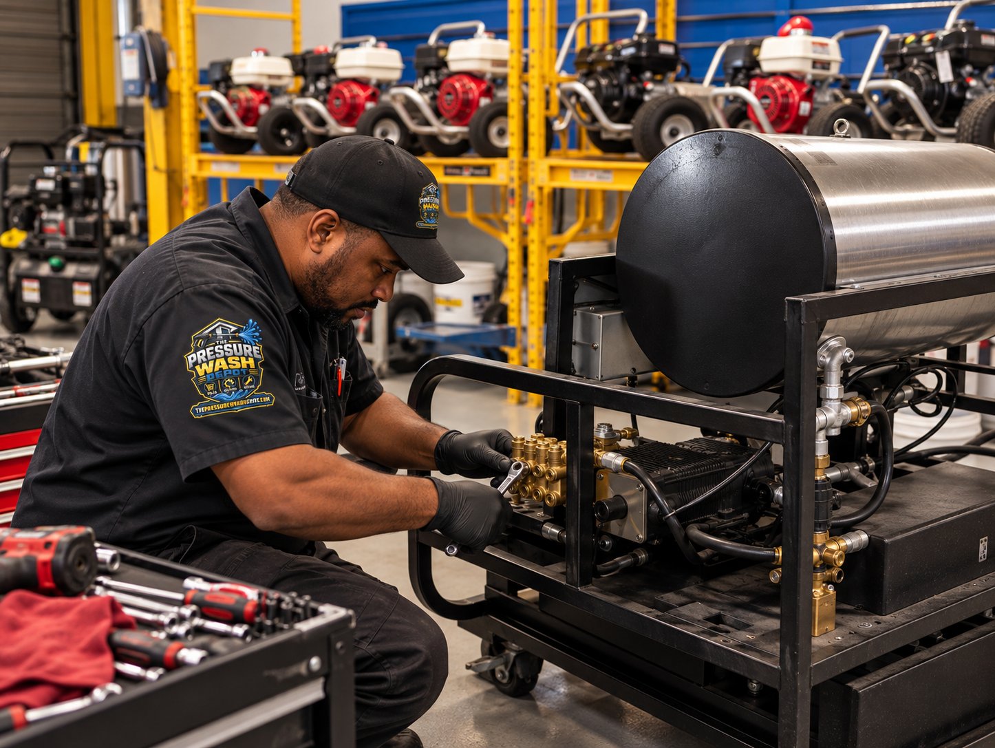 Pressure Wash Depot technician repairing a hot water pressure washer pump